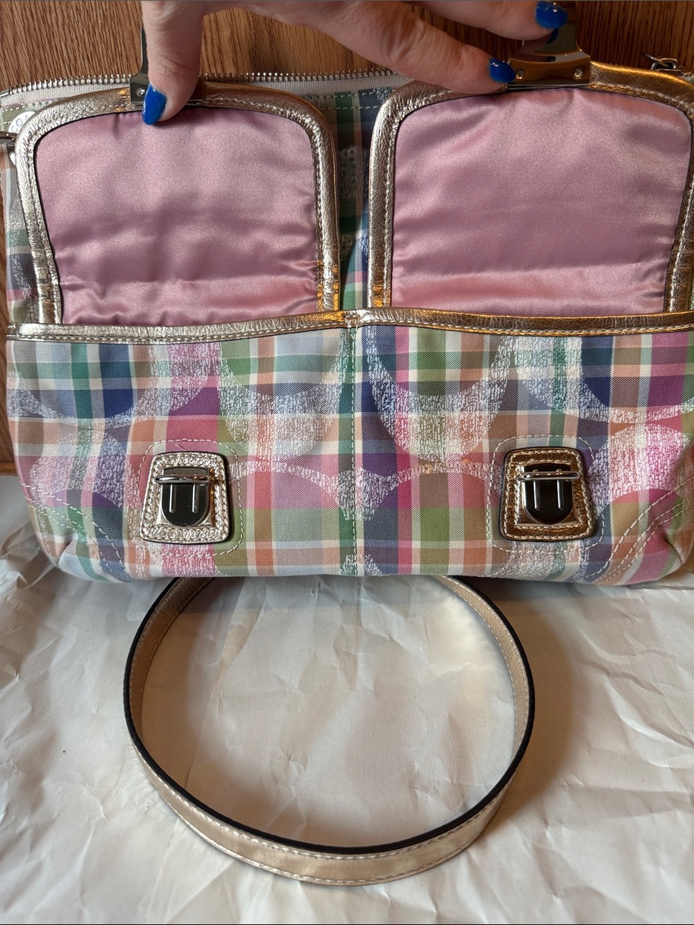 3 piece Coach Metallic Trim Plaid Crossbody Set in Pastel Multicolor - Picture 5 of 14